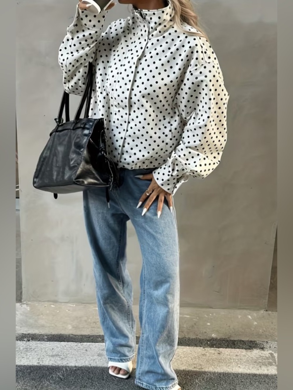 Polka Dot Lightweight Zip Front Bomber Jacket - White/Black Size XL